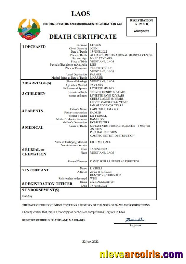 Laos vital record death certificate